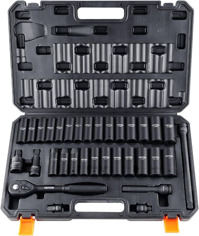 Photo 1 of VEVOR 1/2" Drive Impact Socket Set, 33 Piece Socket Set SAE 3/8"-1" and Metric 10-24mm, 6 Point Cr-V Alloy Steel for Auto Repair, Easy-to-Read Size Markings, Rugged Construction, Includes Storage Case 