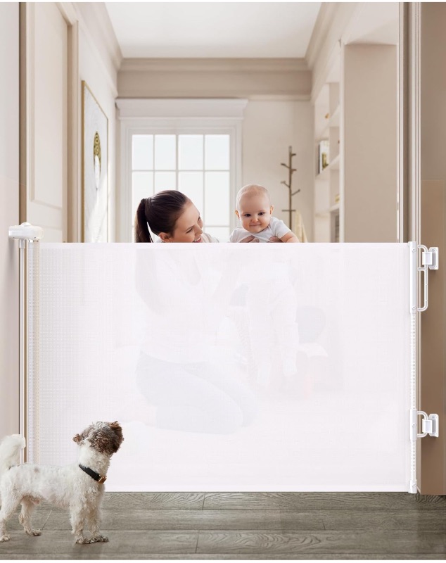Photo 1 of Cumbor Retractable Baby Gates for Stairs, Family & Mom's Choice Awards Winner-Extends up to 55" Wide Mesh Dog Gate for The House, 34" Tall Safety Gates for Doorways,Pet Gate Indoor & Outdoor, White