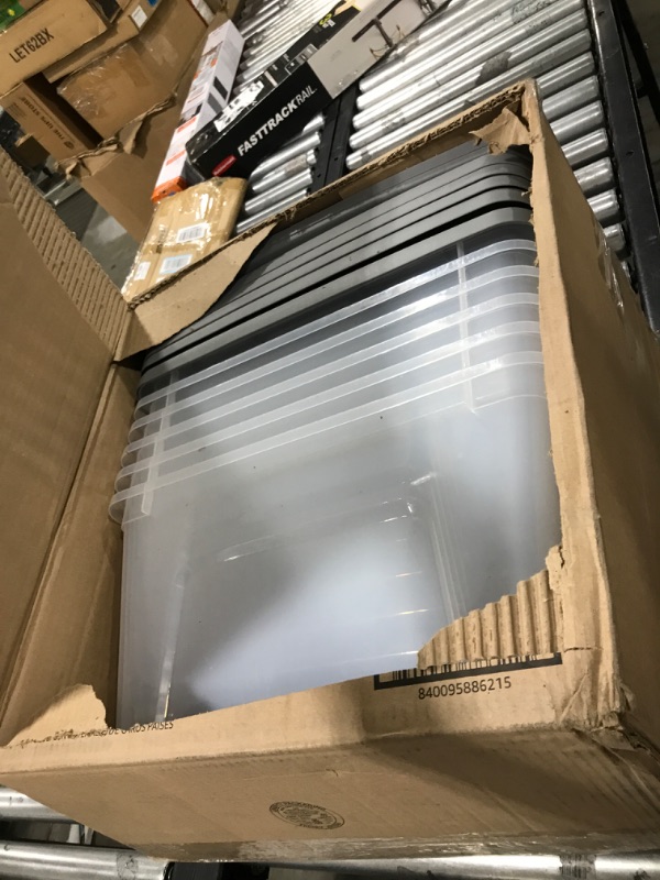 Photo 1 of Amazon Basics 32 Quart Stackable Plastic Storage Bin with Latching Lid- Clear/ Grey- Pack of 6 32 Qt. - 6 Pack