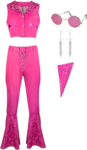 Photo 1 of PJOALDES Adult Pink Cowgirl Costume70s Disco Disco Costume 80s Outfit Women Movie Halloween Costume Cosplay Set Size XXL