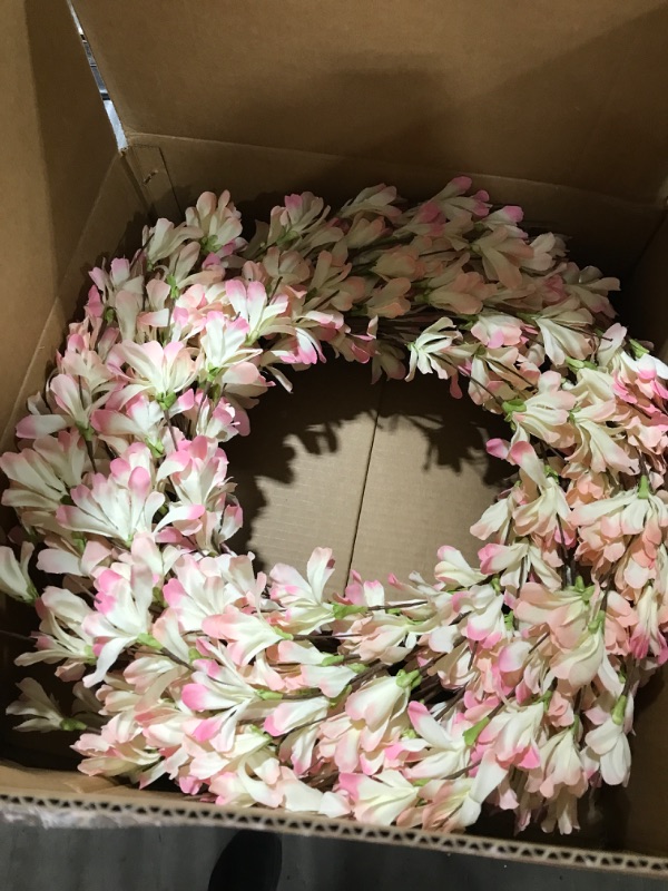 Photo 2 of Pink Forsythia Door Wreath 24 Inch Summer Front Door Wreath Blossom Cluster Flower Farmhouse Wreath on Grapevine for Festival Celebration Front Door Wall Window Decoration Home Christmas Decor