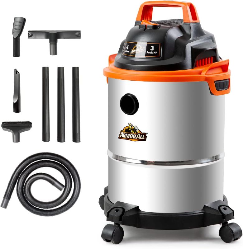 Photo 1 of Armor All VO408S 0901 4 Gallon Wet/Dry Vac 3.0 Peak HP Shop Vacuum with 3 Nozzles and 1 Brush, Stainless Steel Tank, Orange 4 Gal Vac