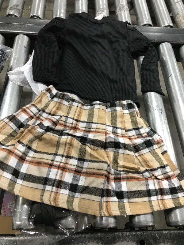 Photo 1 of PATPAT Toddler Girl's 2 Piece Outfit Cold Shoulder Long Sleeve Tee Top and Plaid Pleated Skirt Sets Black 3 years 