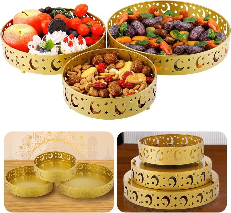 Photo 1 of 3 pcs Enlarged Ramadan Serving Trays, 11.8in/9.8in/7.8in Dia Metal Eid Mubarak Food Trays, Golden Islam Muslim Moon Star Platters Plates for Pastry Dessert Table Decorations Party Supplies 