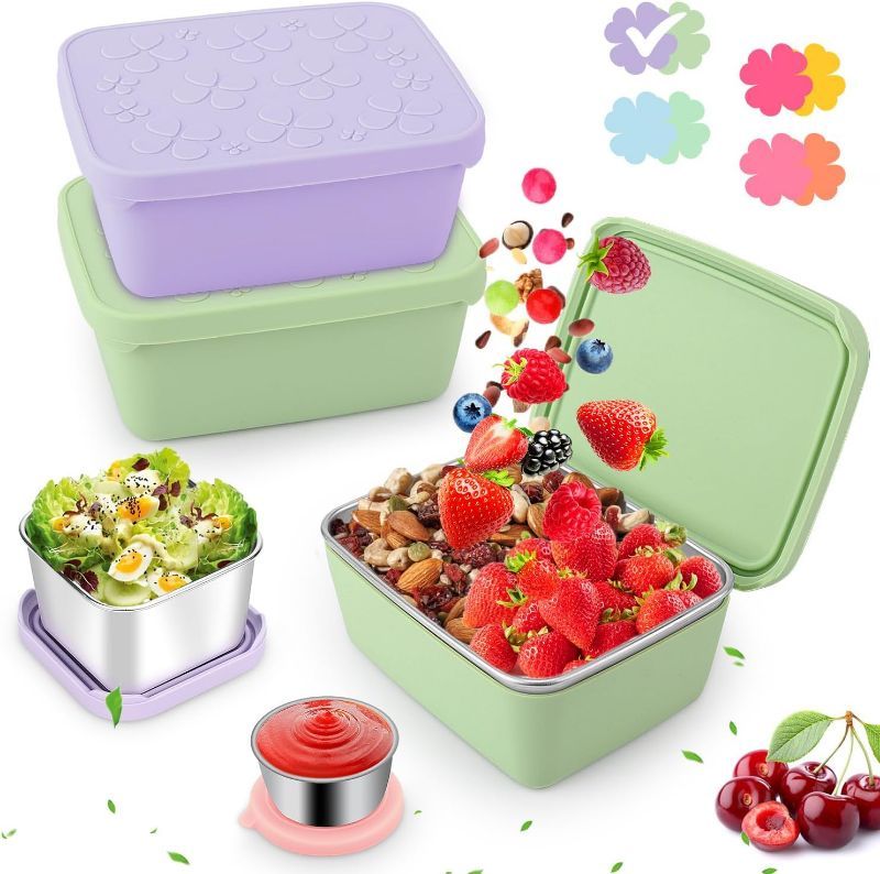 Photo 1 of 4Pack Stainless Steel Snack Containers, 18.5/2.4/1.69OZ 304 Stainless Steel Metal Snack Sauce Food Storage Box Container Set with Silicone Lids, Leakproof Easy Open Small Food Lunch Boxes,Green+Purple