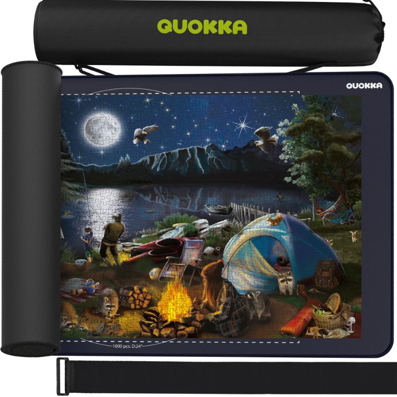Photo 2 of QUOKKA Puzzle Mat Roll Up for Jigsaw Puzzles 1500 pcs | 46” x 26” Portable Grey Carbon Non-Slip Rubber Bottom with 3 mm Polyester Top | Storage Bag, Foam Tubes, 3 Hook & Loop Fastener Straps