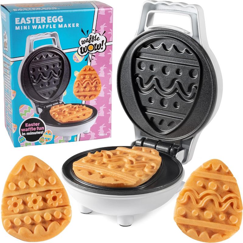 Photo 1 of Mini Easter Egg Waffle Maker - Make Double Sided Easter Waffle or Pancake w 2 Different Holiday Designs, Ready to Decorate & Frost, Breakfast Fun for Kids, Children & Adults - Easter Basket Stuffer