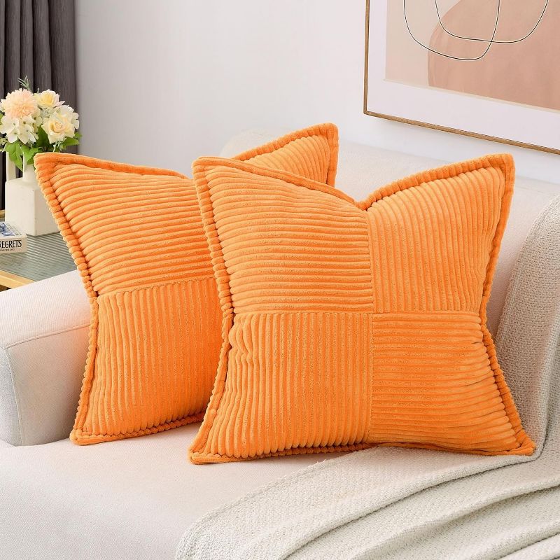 Photo 1 of Orange Throw Pillow Covers 16x16 Inch Set of 2,Soft Solid Corduroy Striped/Wide Bordered,Square Decorative Cushion Case,Winter Home Decorations for Couch,Bed