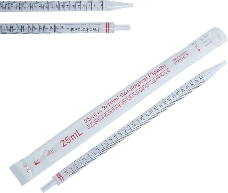 Photo 1 of 25mlSerological Pipette/red 12.28” Individually Packaged sterile Laboratory Grade Disposable polystyrene sterile serological pipettes Cell Treatment Graduated Pipette (50 Pieces/Box)