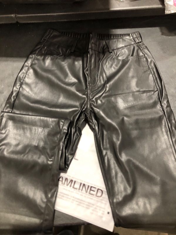 Photo 1 of Balleay Art Faux Leather Pants for Women, Straight Leg Mid Waist Butt Lift Elastic Black Pants with 5 Pockets Black Large