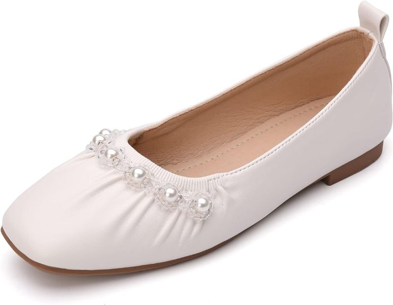 Photo 1 of DUWEIDU Women's Flats Shoes Ballet Flats Pearls Wedding Shoes for Women Comfortable Low Heel Dress Flats Shoes 5.5