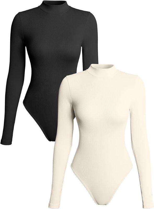 Photo 1 of Aaseow 2 Piece Women's Mock Turtle Neck Long Sleeve Bodysuit for Women Ribbed bodysuit Long Sleeve Sexy Tops