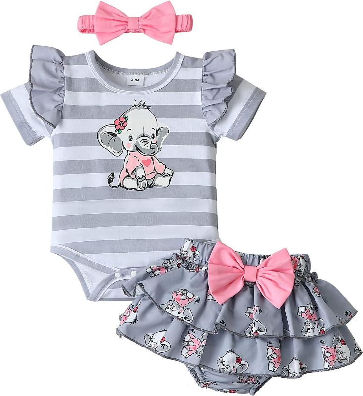 Photo 1 of 3-6MONTHS Baby Girl Clothes Newborn Infant Elephant Print Summer Outfits Ruffle Short Sleeve Romper Jumpsuit with Headband 3PCS
