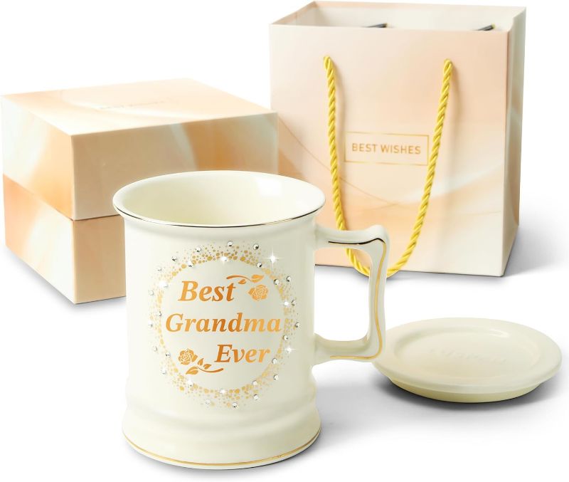 Photo 1 of Gifts for Grandma - Best Grandma Gifts - Birthday Gift for Grandma - Best Grandma Ever Mug with Sparkly Zirconia Jewels - Handmade Ceramic Coffee Mug 16oz with Lid - Gift Box Included
