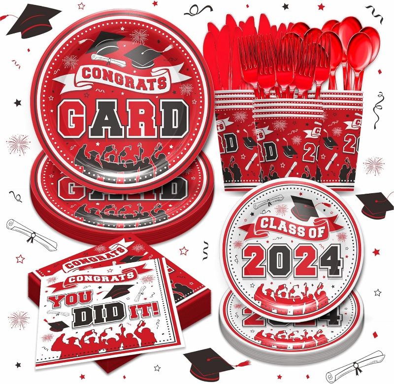 Photo 1 of Red Graduation Decorations Class of 2024 - Graduation Party Supplies 2024 Include Plates, Cups, Napkins, Cutlery, 2024 College High School Graduation Party Decorations | 24 Guests
