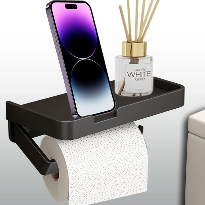 Photo 1 of Black Toilet Paper Holder with Shelf and Storage - Metal Wall Mount Bathroom Tissue Holder Stand - Paper Roll Holder Dispenser for Kitchen Washroom