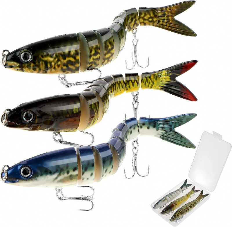Photo 1 of Amabro 3PCS Lifelike Fishing Lures, Multi-Jointed Swimbait for Bass Trout Crappie Walleye Slow Sinking Fish Lures with Storage Box for Freshwater Saltwater Topwater
