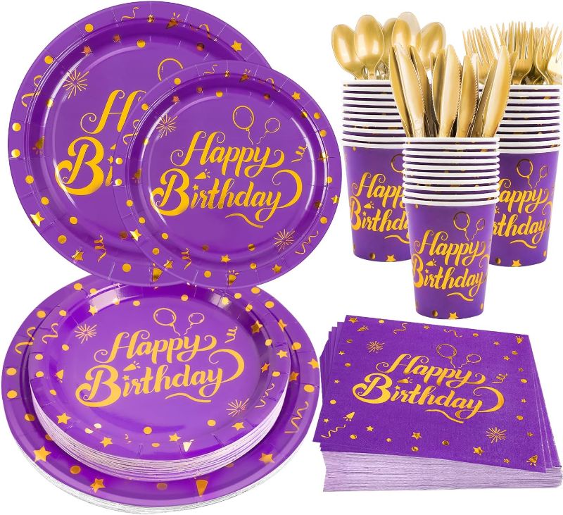 Photo 1 of 168PCS Purple Birthday Decorations, Purple and Gold Birthday Plates and Napkins Party Supplies--Disposable Purple Birthday Paper Plates,Cup,Napkin,Cutlery for Purple and Gold Birthday Party Decoration
