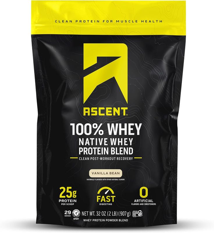 Photo 1 of Ascent 100% Whey Protein Powder - Post Workout Whey Protein Isolate, Zero Artificial Flavors & Sweeteners, Soy & Gluten Free, 5.5g BCAA, 2.6g Leucine, Essential Amino Acids, Vanilla Bean 2 lb
