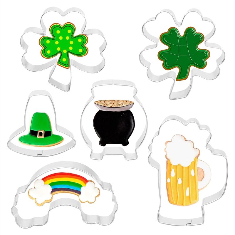 Photo 1 of 6Pcs St Patricks Day Cookie Cutters - Shamrock Cookie Cutter, 4 Leaf Clover, Top Hat, Pot of Gold, Beer Mug, Rainbow Cookie Cutters - Stainless Steel St Patricks Cookie Cutters for Irish Party
