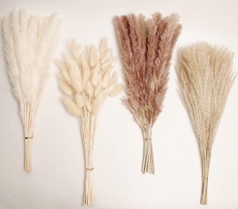 Photo 1 of Natural Dried Pampas Grass Decor, 100 PCS Pampas Grass Contains White Bunny Tails Dried Flowers, Reed Grass Bouquet for Wedding Boho Flowers Home Table Decor, Rustic Farmhouse Party
