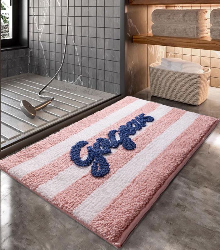 Photo 1 of Urtlmaji Microfiber Striped Bathroom Rugs Bath Mat, Soft and Shaggy, Absorbent, Machine Washable, Non Slip Bath Rugs Small Cute Letter Door Mat for Bathtub and Shower 20x32inch Mauve Pink/White
