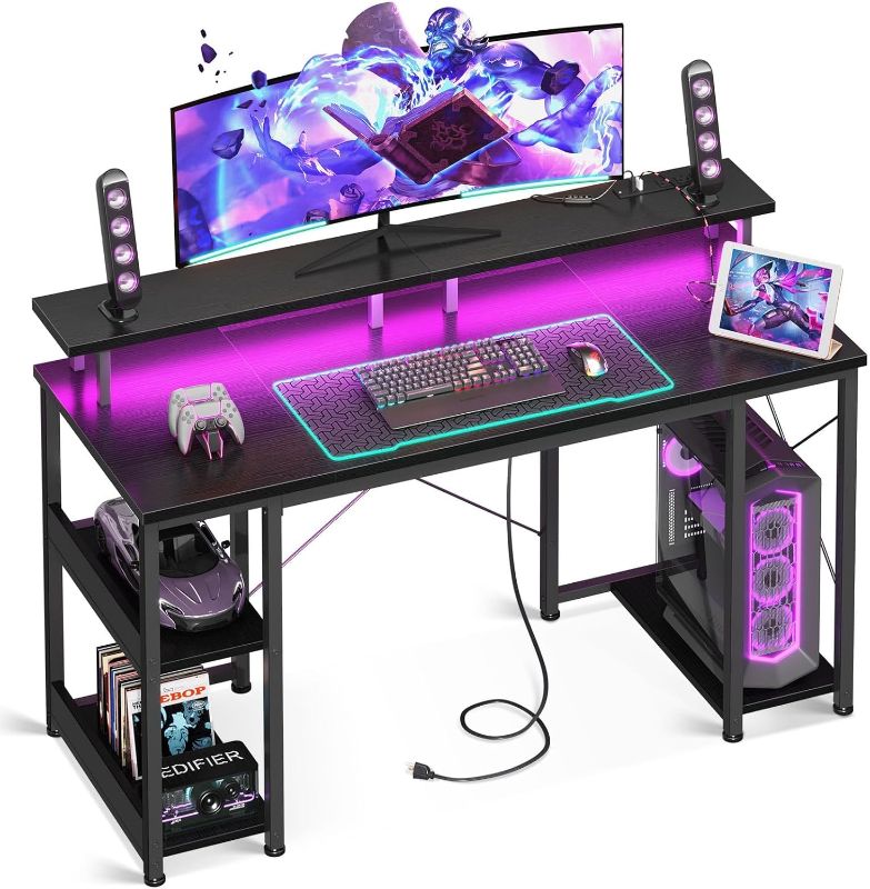 Photo 1 of ODK 48 inch Gaming Desk with LED Lights & Power Outlets, Computer Desk with Monitor Stand & Storage Sheves, CPU Stand, Home Office Desk, Vintage 48 Inches Vintage