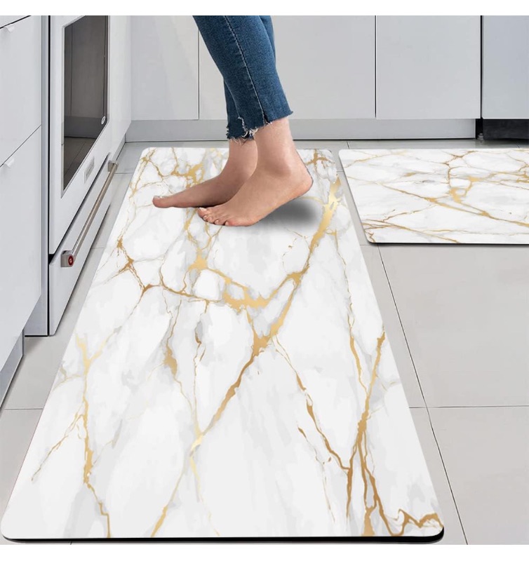Photo 1 of Mrcrypos Gold White Kitchen Rugs Cushioned Anti Fatigue 2 PCS Marble Kitchen Mats PVC Non Slip Waterproof Kitchen Mats for Floor Sink Laundry Office