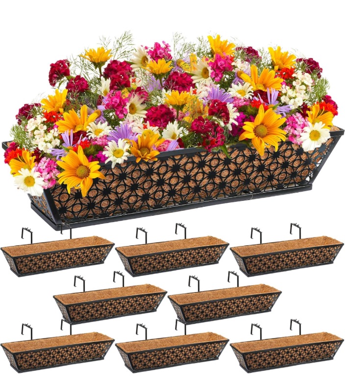 Photo 1 of Geetery 8 Pack Window Railing Planter 30 Inch Deck Black Metal Hanging Flower Planter Basket Railing Planter Window Basket with Coconut Liner for Patio Fence Porch Balcony Outdoor Indoor