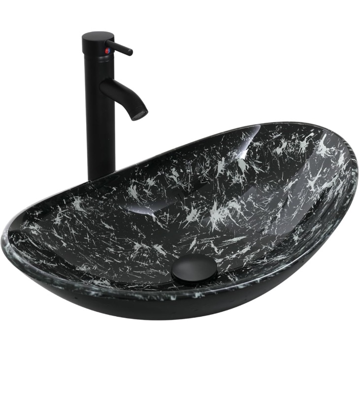 Photo 1 of Boat Shape Bathroom Artistic Tempered Glass Vessel Sink with Chrome Faucet Chrome Pop-up Drain, Black