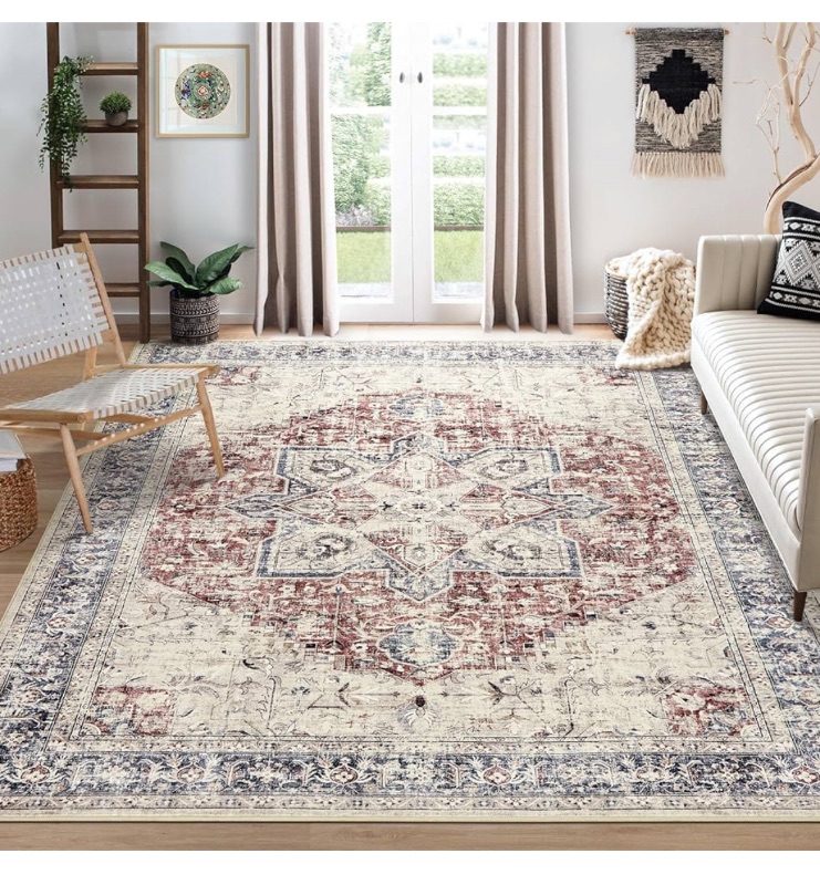 Photo 1 of Area Rug Living Room Rugs - 9x12 Washable Boho Rug Vintage Oriental Distressed Farmhouse Large Thin Indoor Carpet for Living Room Bedroom Under Dining Table Home Office - Red Blue