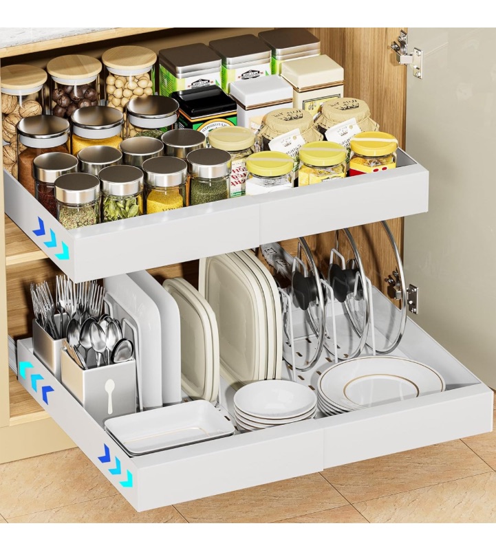 Photo 1 of OVICAR Expandable Cabinet Organizer Drawer - Pull Out Cabinet Drawers Adhesive Slide Out Storage Shelf with 4pcs Divider Racks for Kitchen Pantry Bathroom Home, 12.2"-20.7" W,White