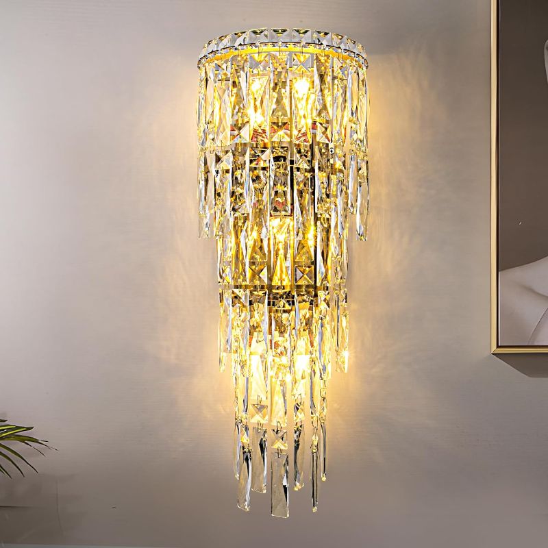 Photo 1 of Fang Yan Mei Modern K9 Crystal Wall Sconce, Gold Finish Wall Light Fixture, Acrylic Crystal Drops Wall Lamp Bedside Light 3 Tiers Crystal Wall Lamp for Bedroom Living Room?E12 Base 