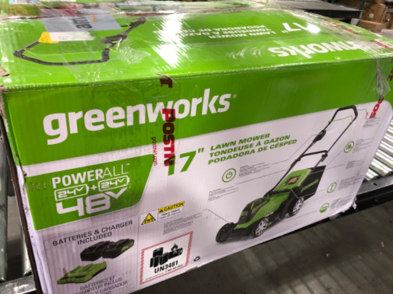 Photo 5 of Greenworks 2 x 24V (48V) 17" Cordless Lawn Mower, (2) 4.0Ah USB Batteries (USB Hub) and Dual Port Rapid Charger Included 17" Mower (2 x 4.0Ah)