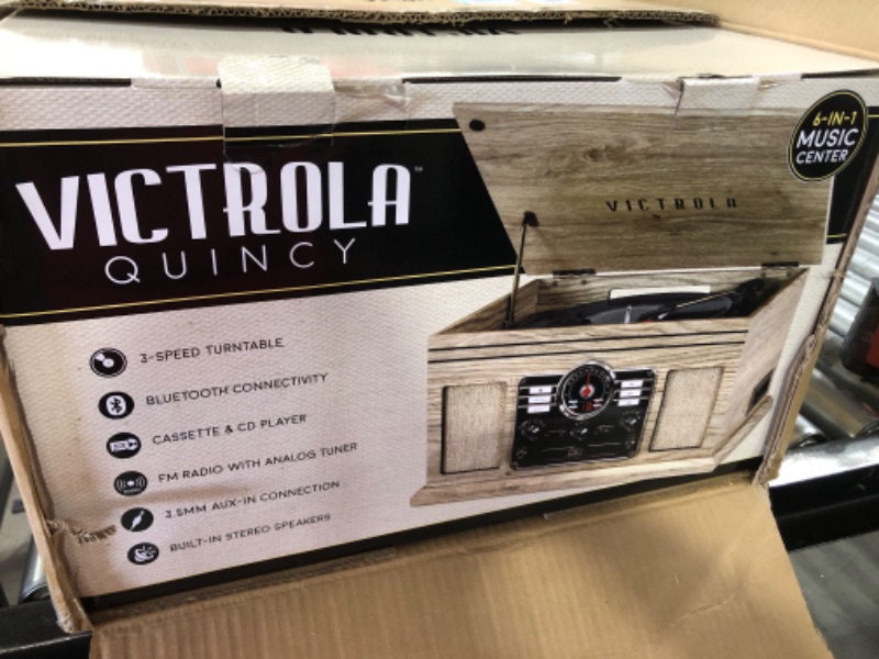 Photo 2 of Victrola Nostalgic 6-in-1 Bluetooth Record Player & Multimedia Center with Built-in Speakers - 3-Speed Turntable, CD & Cassette Player, AM/FM Radio | Wireless Music Streaming | Farmhouse Oatmeal 