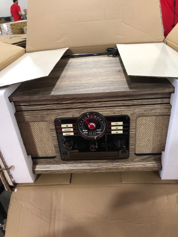 Photo 3 of Victrola Nostalgic 6-in-1 Bluetooth Record Player & Multimedia Center with Built-in Speakers - 3-Speed Turntable, CD & Cassette Player, AM/FM Radio | Wireless Music Streaming | Farmhouse Oatmeal 