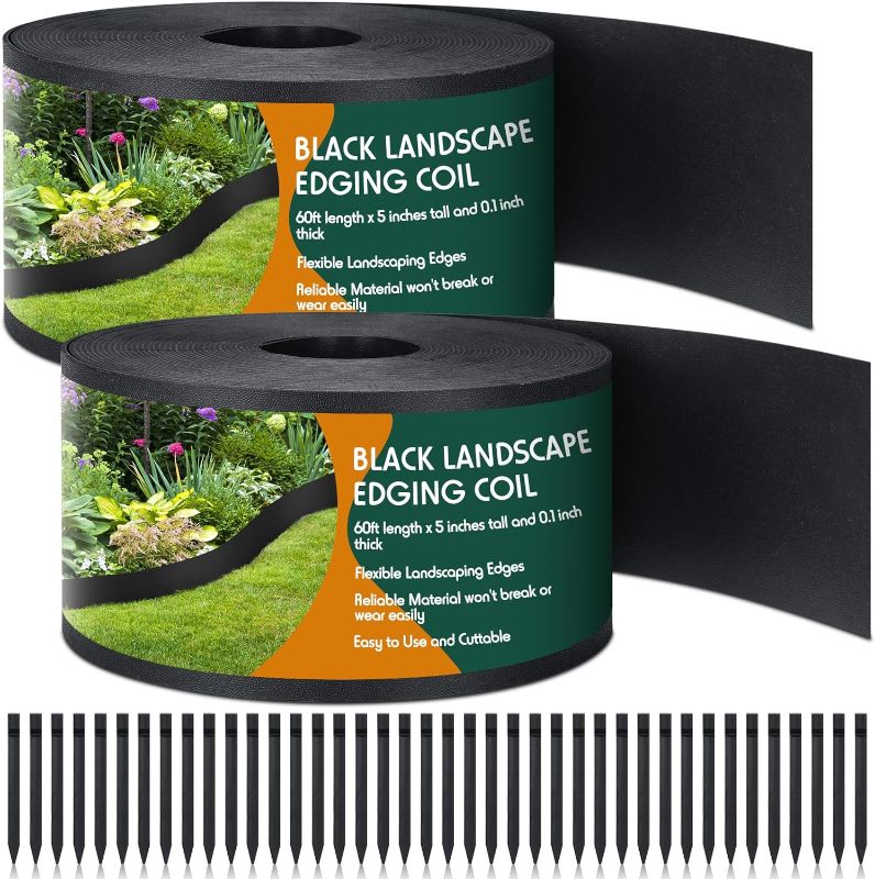 Photo 1 of Sasylvia Black Plastic Landscape Edging Coil 5 Inch x 120ft with 40 Stakes 1/10" = 0.1" Inch Thin No Dig Bender Board, Garden Liner Flexible and Strengthened with Anti UV for Yard Edging Borders