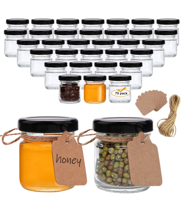 Photo 1 of QAPPDA 1.5oz Mini Glass Jars with Black Lids,Round Small Honey Jars 70 Pack Mini Storage Jar for Candle Making,Clear Glass Bottle 45ml Glass Spice Containers for Jelly,Jam,Craft,Wedding,Party Favor