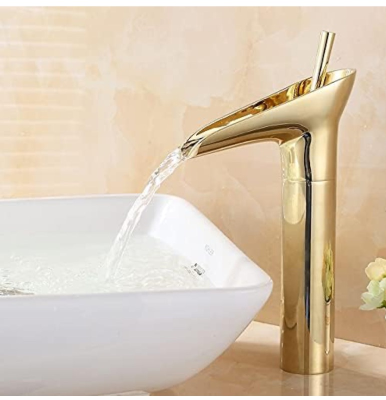 Photo 1 of BULUXE Waterfall Bathroom Faucet Gold Single Handle Single Hole Vessel Sink Faucet