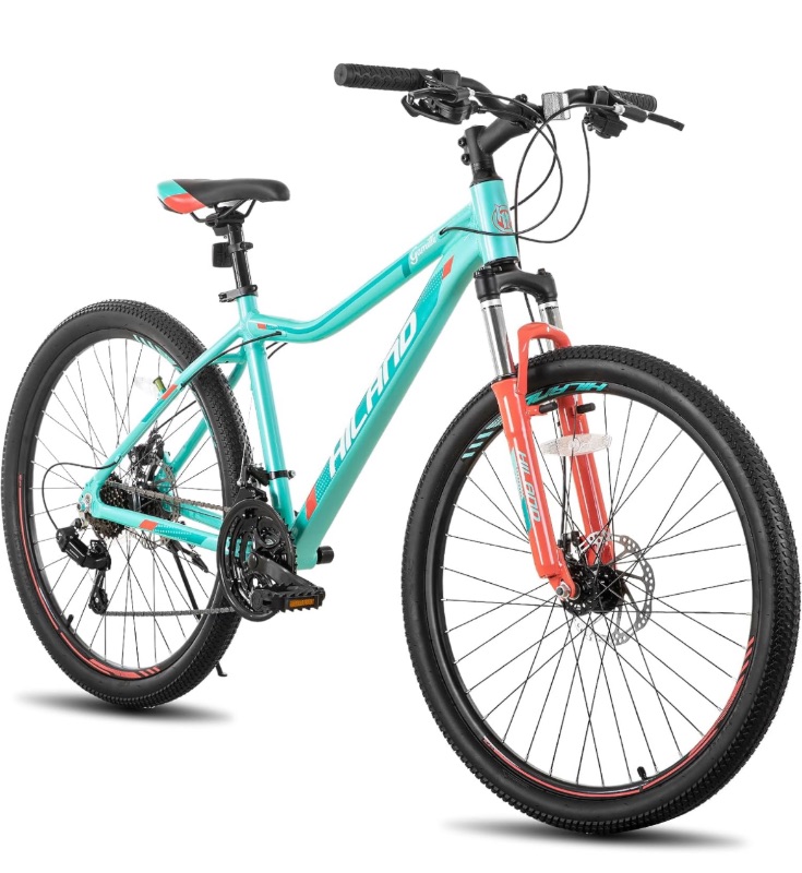 Photo 1 of Hiland 26 Inch Mountain Bike for Women, 21 Speed with Lock-Out Suspension Fork, Dual Disc Brakes, Aluminum Frame MTB, Adult Ladies Womens Bike Mens Bicycle