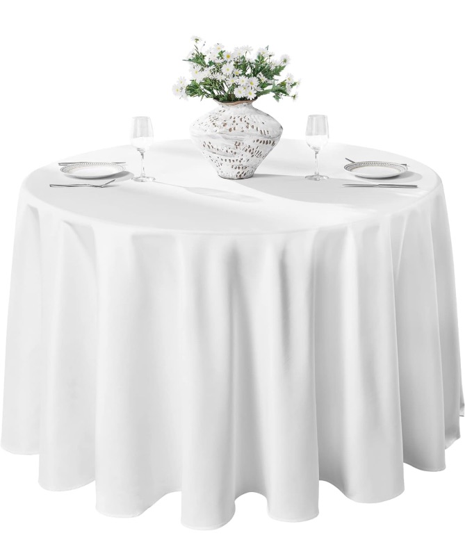 Photo 1 of Vidafete 10 Pack 120inch Round Tablecloth Polyester Table Cloth?Stain Resistant and Wrinkle Polyester Dining Table Cover for Kitchen Dinning Party Wedding Rectangular Tabletop Buffet Decoration(White)