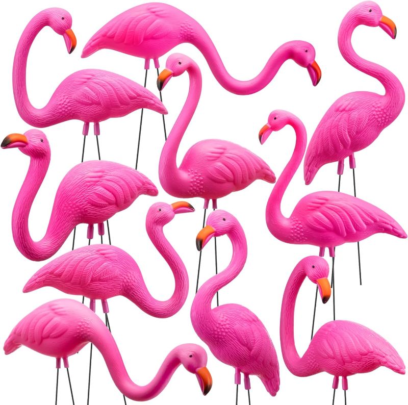 Photo 1 of JOYIN 10 Pack Small Yard Flamingos Ornament Stakes, Mini Pink Flamingo Yard Decorations, Mini Lawn Plastic Flamingo Statue with Rubber Coating Metal Legs for Outdoor, Garden, Luau Party Gift (3-10IN)