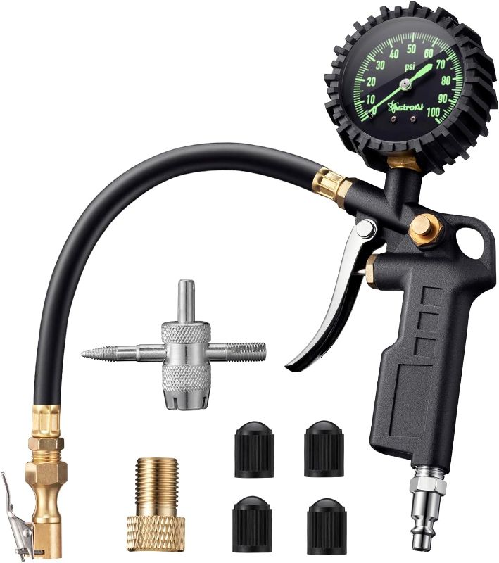 Photo 1 of AstroAI Tire Pressure Gauge with Inflator, 100 PSI-ANSI B40.1 Accurate, Large 2.5" Easy Read Glow Dial, Heavy Duty Air Chuck and Compressor Accessories with Rubber Hose and Quick Connect Coupler 