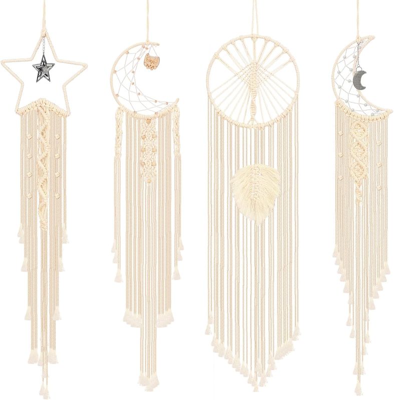 Photo 1 of Lyrow 4 Pcs Boho Macrame Moon Star Dream Catcher for Girl Bohemian Handmade Baby Nursery Room Wall Decor Leaf Woven Hanging Crescent Dreamcatcher for Bedroom with Long Tassel