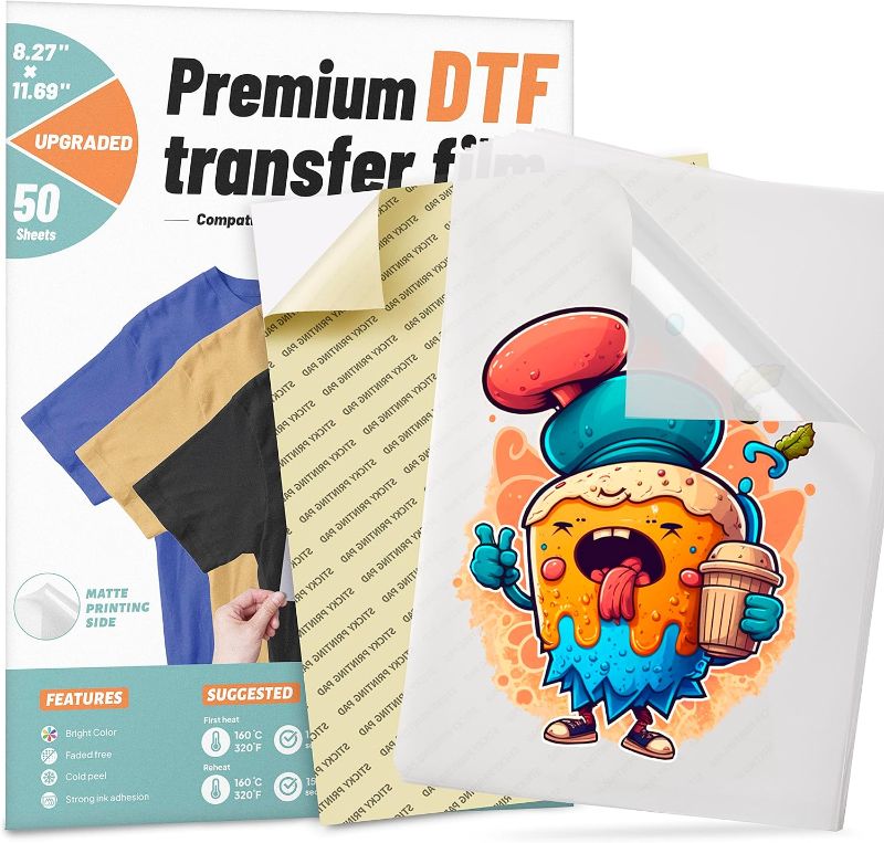 Photo 1 of KASYU DTF Transfer Film, 50 Sheets 8.5"*11" DTF Paper with Smart Printing Pad for All Sublimation&DTF Printers,DTF Film for Sublimation Hack,Upgraded Premium Direct to Film for All Fabrics 