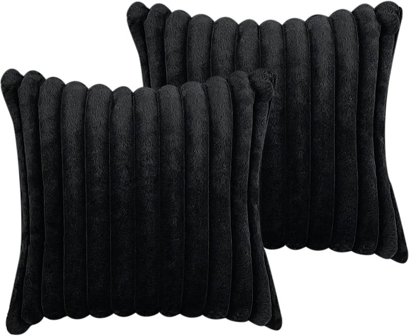 Photo 1 of 18x18 Throw Pillow Covers Set of 2, Decorative Faux Fur Covers for Bed, Couch Soft Fluffy Pillow Cover with Velvet Back for Living Room, Neutral Home Décor Accent for Sofa - Black 