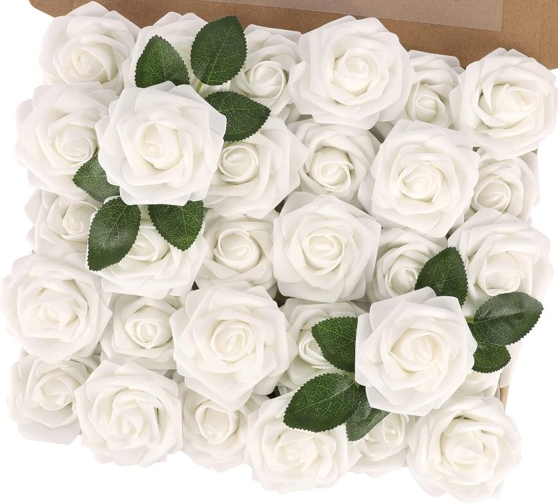 Photo 1 of MACTING 30PCS Artificial Flower Roses, Real Looking Fake Flowers with Stems, White Foam Roses for Mothers Day Bouquet Wedding Party Bridal Shower Home Decorations 