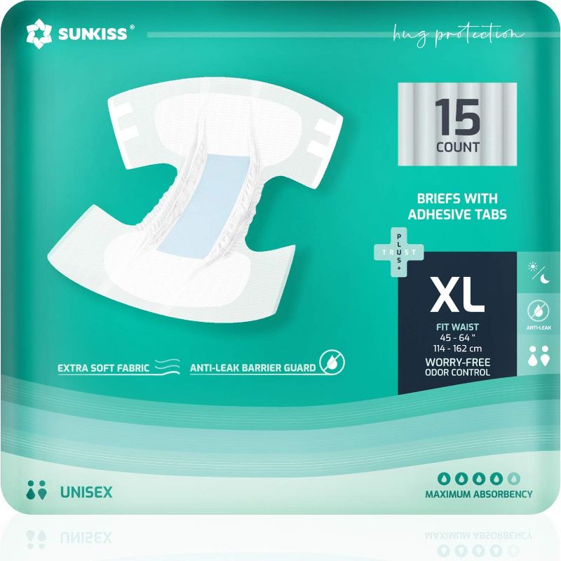 Photo 1 of SUNKISS TrustPlus Adult Diapers with Maximum Absorbency, Disposable Incontinence Briefs with Tabs for Men and Women, Odor Control, XLarge, 15 Count