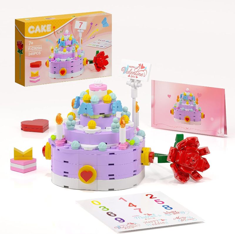 Photo 1 of Millionspring Birthday Cake Building Block with LED Light and a Set of Rose Flowers Gifts Card,Valentine Gift Anniversary Wedding Mother's Day for Girlfriend Boyfriend Family(249pcs) 