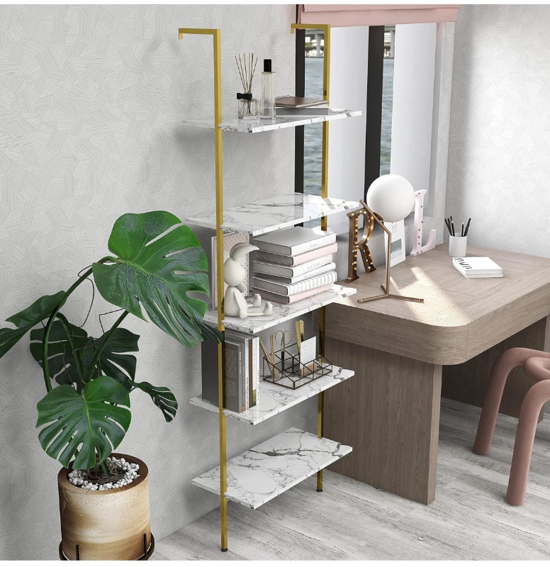 Photo 1 of Cavoba 5-Tier Ladder Shelf White Marble Bookshelf with Wood Rack and Metal Frame, Modern Industrial Open Tall Wall Mount Bookcase, Plant Stand Furniture Office Kitchen Bedroom